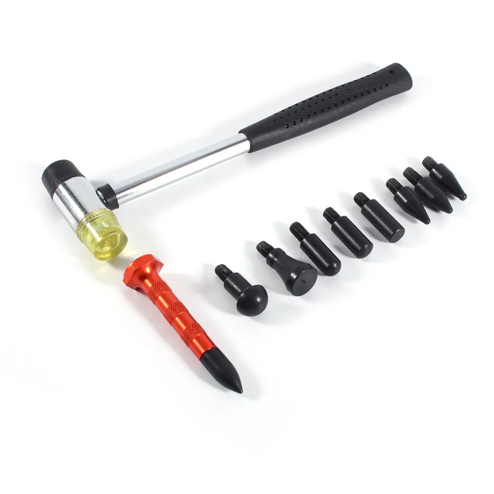 Freeshipping Car-styling Dent Ding Hammer +9 Teste Set Tap Down Kit Knockdown Strumento Strumento di grandine PDR Strumenti PDR senza vernice