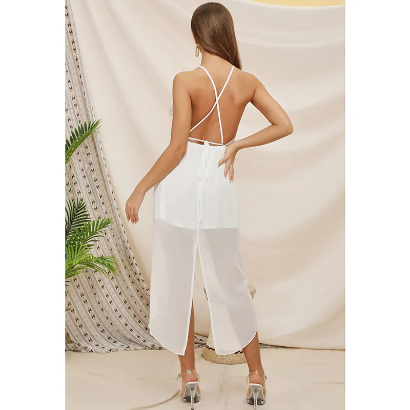 Fashion-Women Backless Sexy Dress Spaghetti Paski Ramskie szydełkowe Koronki Party Sukienki Bez Rękawów Asymetryczne Szlifierki Casual Damska Dress