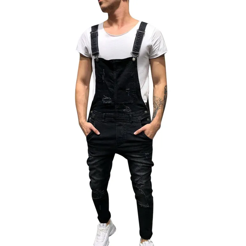 Mode mäns rippade jeans jumpsuits street nödställda hål denim bib overaller för man suspender byxor storlek m-xxl