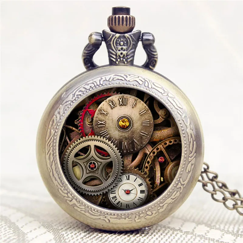 Steampunk Antique Gear Roma Numbers Case Orologio da taschino analogico al quarzo Uomo Donna Orologio con collana Catena Regalo Antichi oggetti da collezione