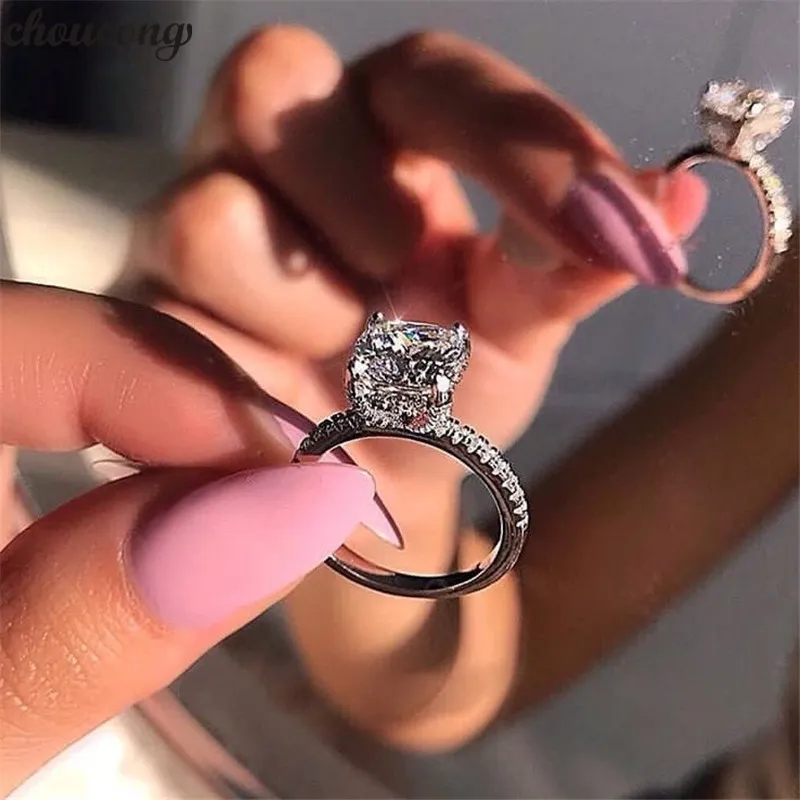 vecalon Unique Promise Ring 925 sterling Silver Kudde cut 1ct Diamonds cz Party Bröllopsringar Ringar För Kvinnor Smycken