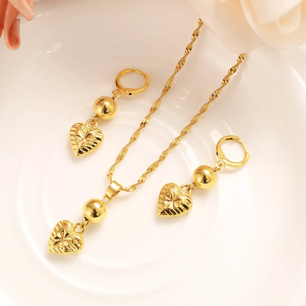 Heart Jewelry sets Classical Necklaces Earrings Set Fine THAI BAHT Solid GOLD Filled Wedding Bride s Dowry women girls gif