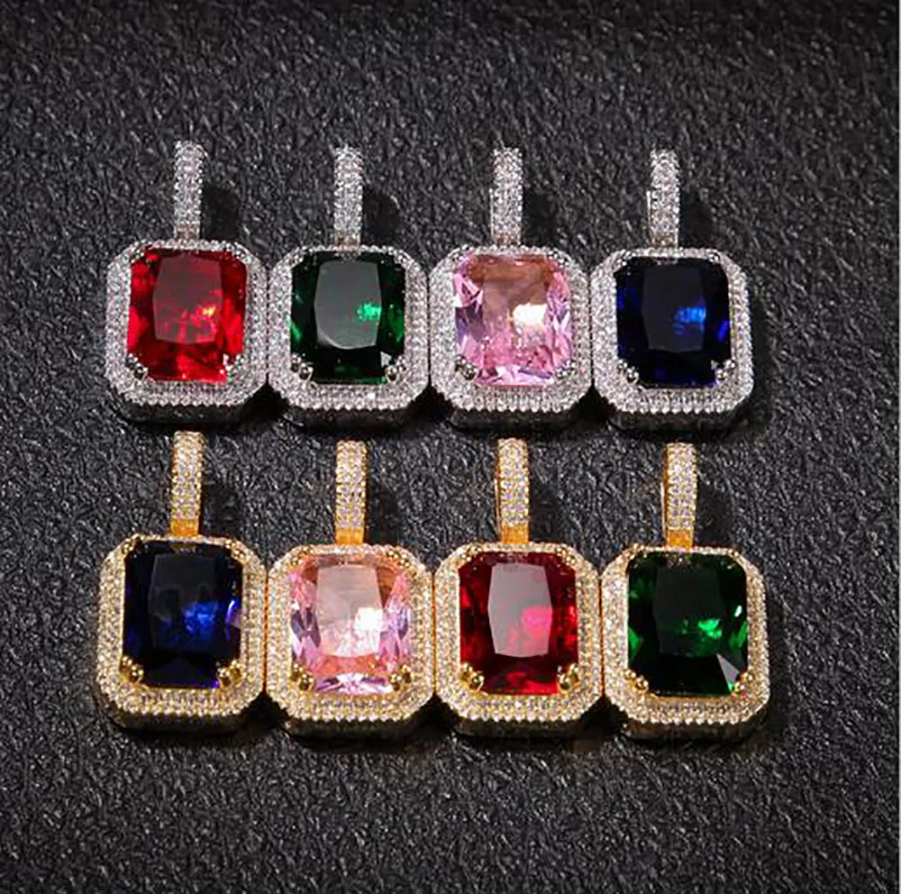 Mens Bling Big Square Faux Lab Ruby Hanger Ketting 24 Touw Ketting Vergulde Iced Out Sapphire Rock Rap Zanger Hip Hop Jew287c