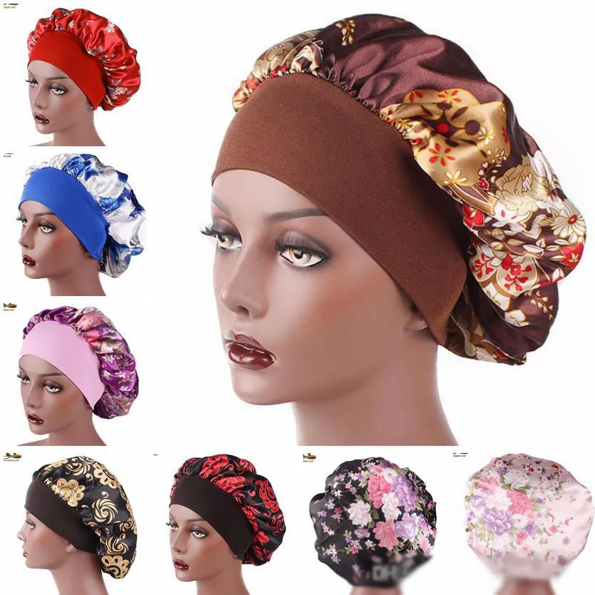 New Fshion Women Satin Night Sleep Cap Hair Bonnet Hat Silk Head Cover Wide Elastic Band Shower Cap