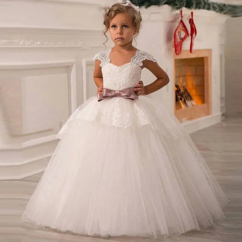 Beyaz Çiçek Kız Elbise Düğün Tül Dantel Uzun Kız Elbise Parti Noel Elbise Çocuklar için Çocuklar Için Parti Noel Elbise Çocuk Prenses Kostüm