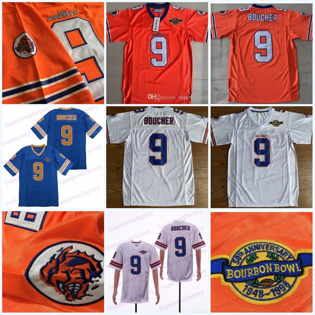 The Waterboy Mens NCAA Football Jersey 9 Bobby Boucher 50th Anniversary Movie Jerseys cosidos Naranja blanco azul S-3XL Envío gratis