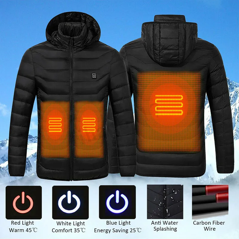 S-4XL USB Elektrisch verwarmd jassen Heren Down Katoen Winter Outdoor Damesjas Verwarming Hooded Jas Warm Thermal Kleding Skiën