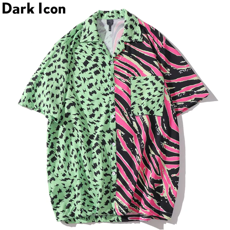 Dark Icon Color Block Patchwork Button Down Collar Vintage Shirts Hawaiian Beach Men's Shirts Short Sleeve
