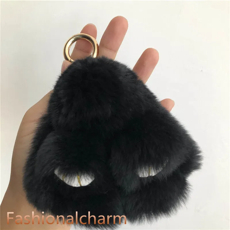 Black-10cm Real Genuine Rex Rabbit Fur Bunny Doll Toy Kid Gift Bag Charm Key Chain Keyring Accessories Phone Purse Handbag