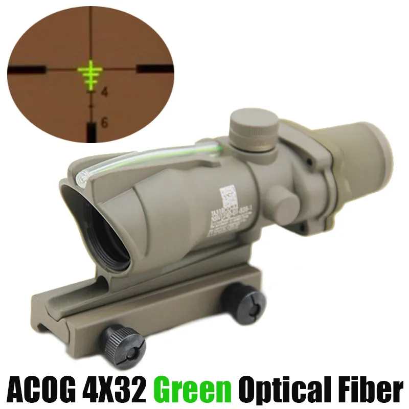 ACOG Tactical 4x32 Fiber Optical Green Illuminated Rifle Scope Real Green Fiber Sight for Hunting 20mm Rail Mount
