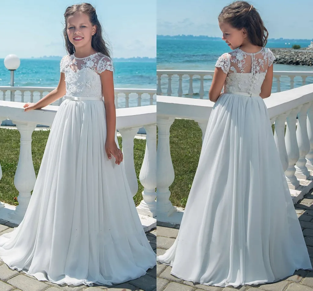 Long Chiffon Flower Girl Dresses Bridesmaid Party Prom Dresses A-Line Lace Girls Pageant Gowns White First Communion Dress