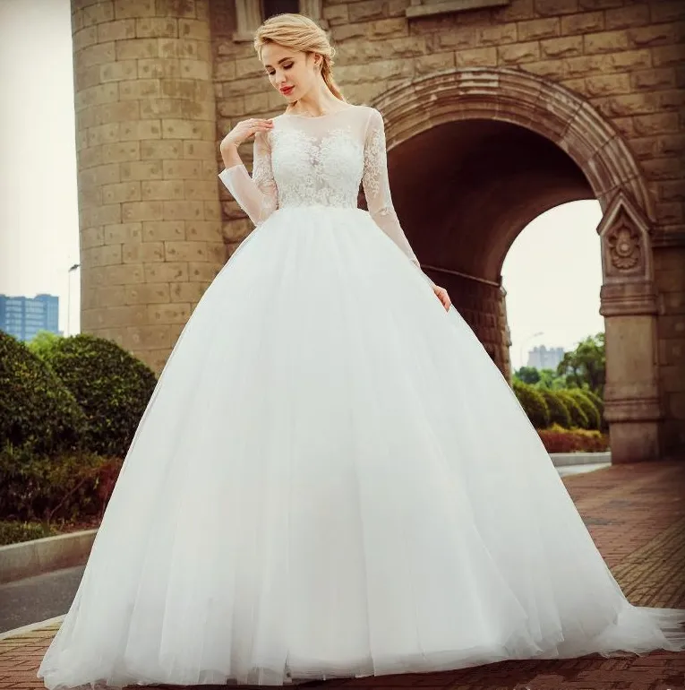High-Quality Fashion Wedding Dresses New Bride A Word Shoulder Tail White Round Neck Back Button Mop Beach Wedding Dresses