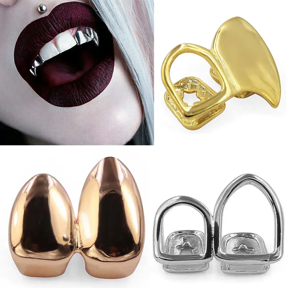 Denti in rame ambientale placcato oro 18 carati Bretelle Plain Hiphop 2 Grillz Bocca dentale Fang Griglie Dente Cap Cosplay Vampire Rapper Gioielli