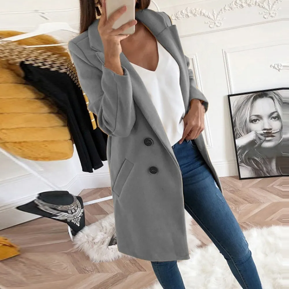 2019 Primavera Autunno Giacca in misto lana Donna Giacca con bottoni bavero Cappotto Donna Plus Size Manica lunga Cappotto Manteau Femme Hiver