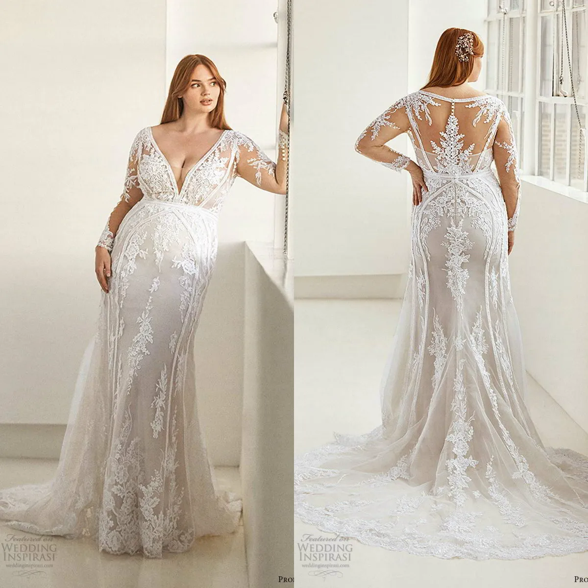 Plus La Taille Sirène Robes De Mariée Col En V Transparent Manches Longues Balayage Train Dentelle Appliques À Manches Longues Sur Mesure Robe De Cour Femmes Vestidos De Novia