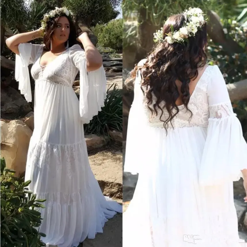 Tallas grandes estilo Bohemio Boho Vestidos de novia Bloe de manga larga Chiffon 2019 vestidos