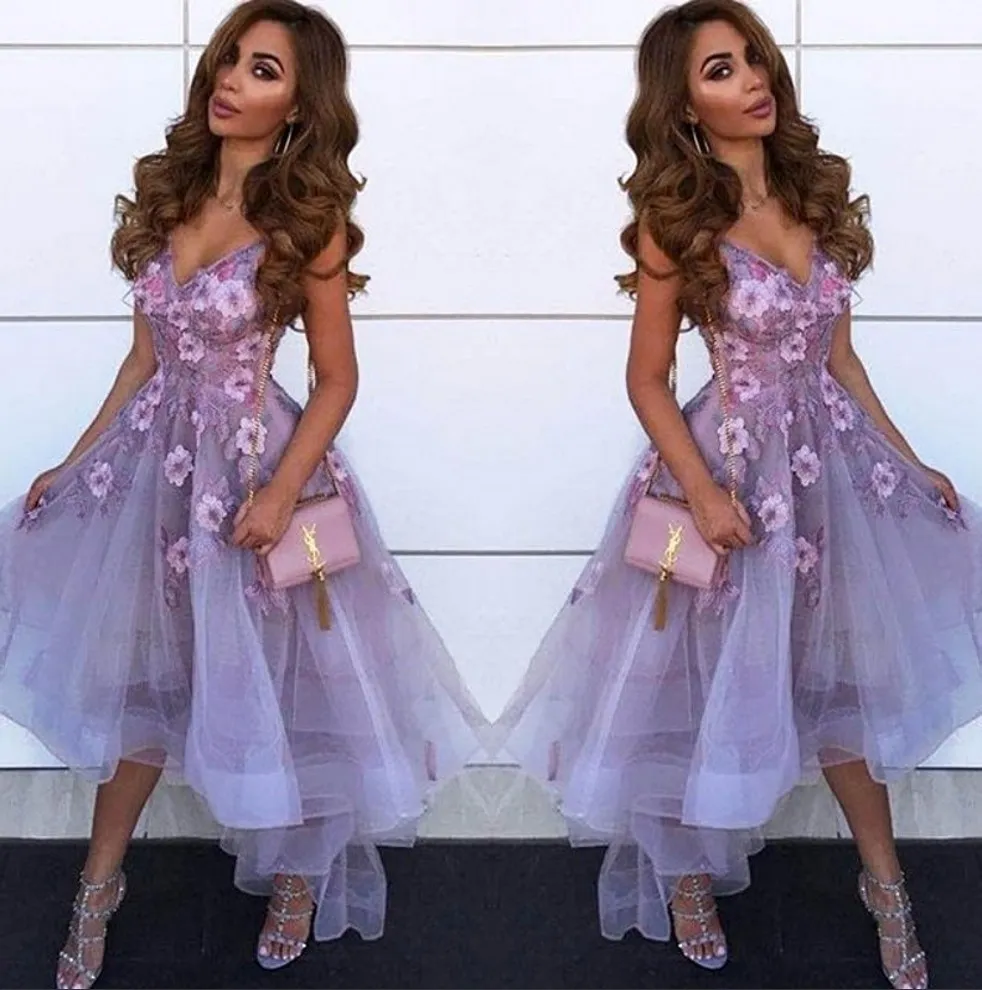 Lavender v Neck Tulle a Line Homecoming платья арабская кружевная аппликация высокая низкая принцесса короткие выпускные выпускные платья