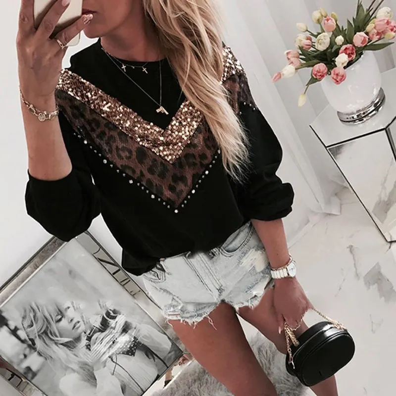 Kvinnor Pullover Casual Glitter Lepoard Patchwork Shirts Kvinnor Långärmad Svart T-shirts Pull Femme Loose Pullover Toppar Plus Storlek