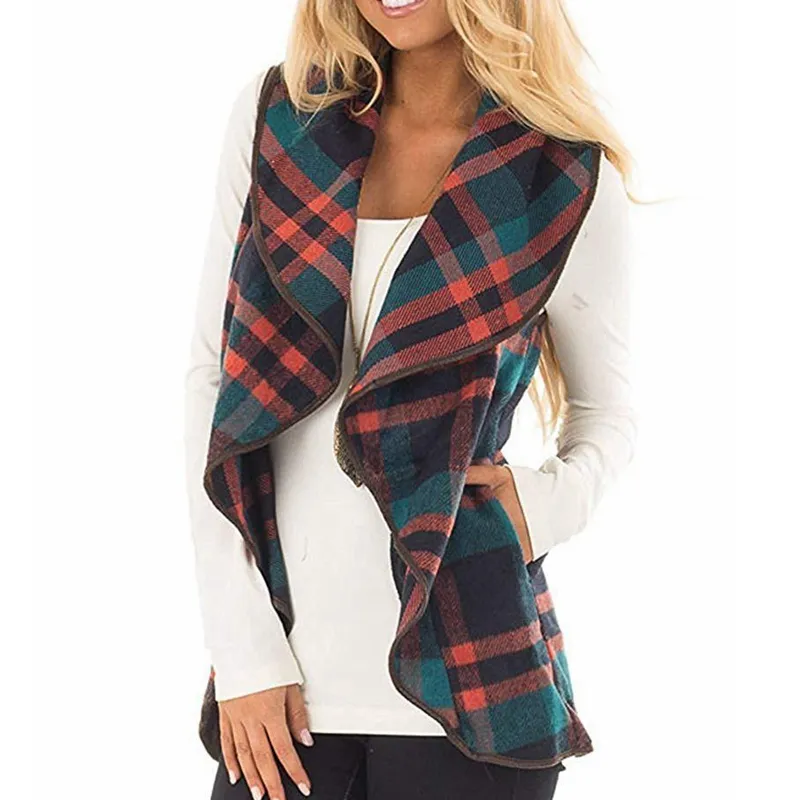 Womens Plaid Vest Lapel Sleeveless Coat Fashion Cardigan Jacket with Pockets Cape Woolen Coat Black Red HHA1084