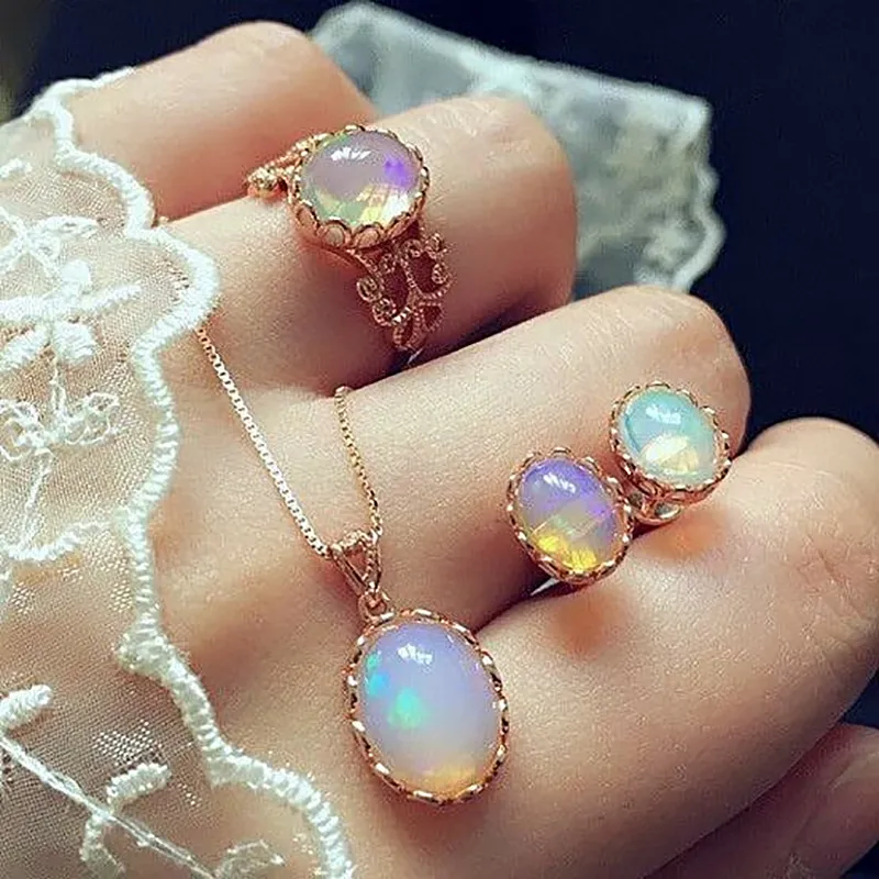 Opaal Sieraden Sets Voor Vrouw Hanger Kettingen Choker Water Drop Oorbellen Ring Gouden Kleur Bohemen Bruiloft Sieraden Geschenken