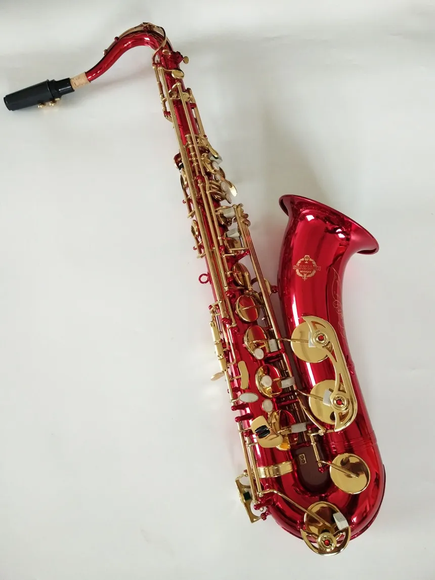 Gloednieuwe echte muzikale instrument suzuki bb tenor hoge kwaliteit saxofoon messing lichaam gouden rood gouden sleutel sax met mondstuk gratis