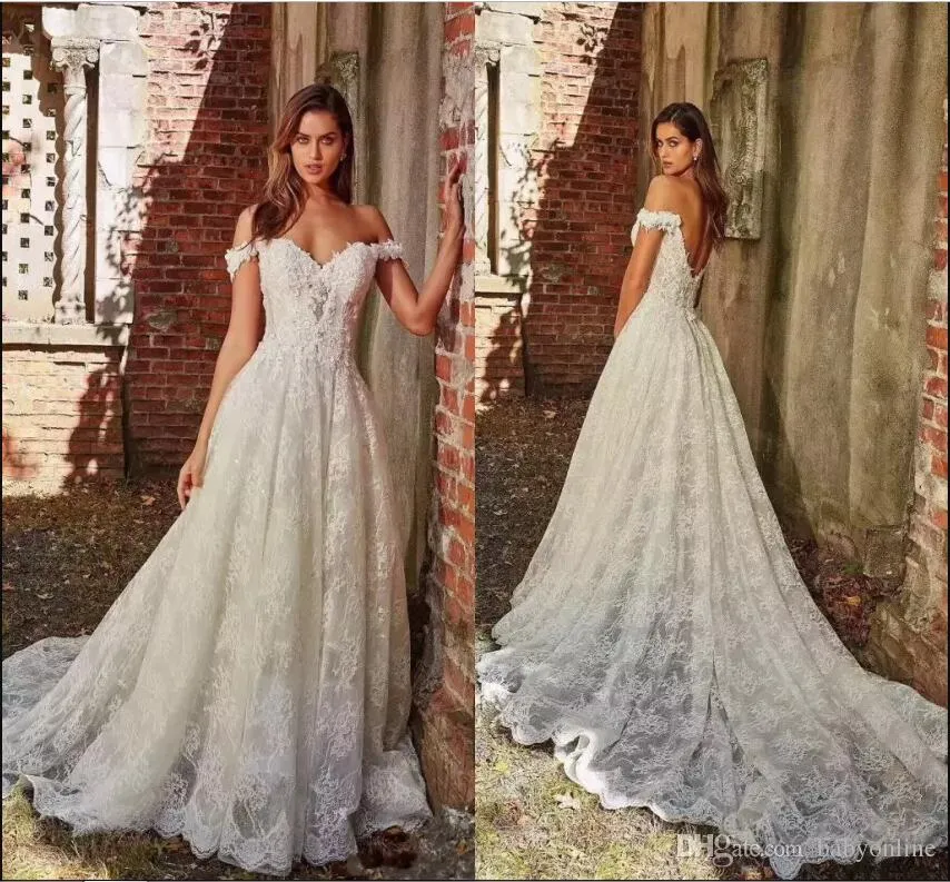 Abito da sposa in pizzo avorio a-line con spalle scoperte e schiena aperta Abito lungo da sposa floreale Abito lungo su misura Mariage Robe de mairee Abiti da sposa