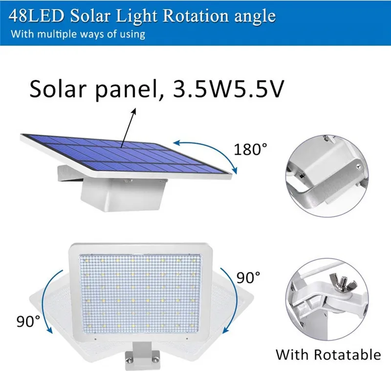 800lm Solar Garden Light 48leds IP65 Integra Split Solar Street Lights Lampada da parete solare esterni ad angolo regolabile