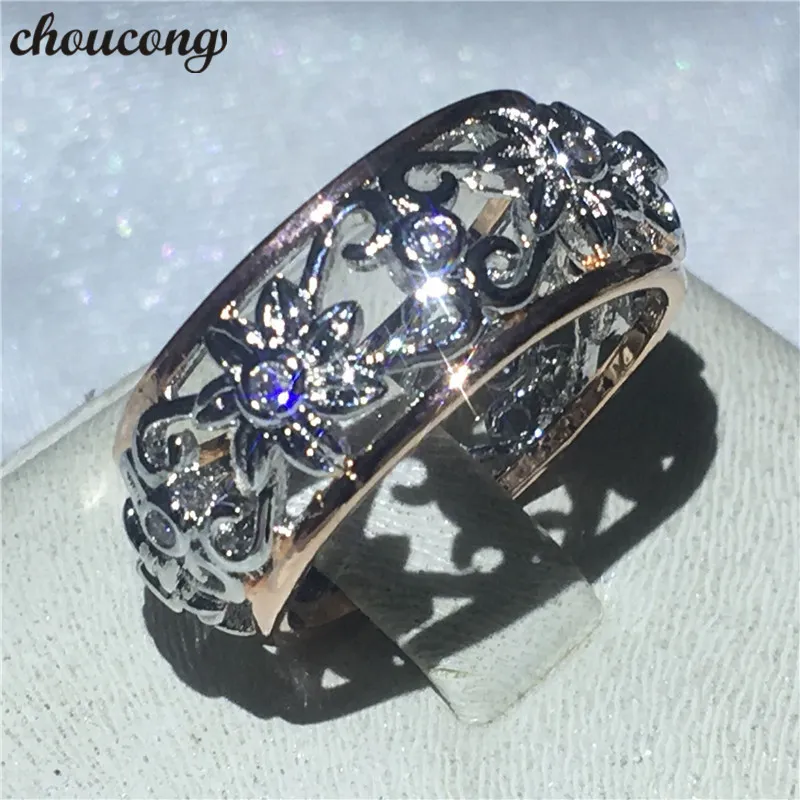 choucong Fashion Hollow Flower Anniversary ring 5A zircon Cz Rose White gold filled Engagement Wedding Band Rings For Women men