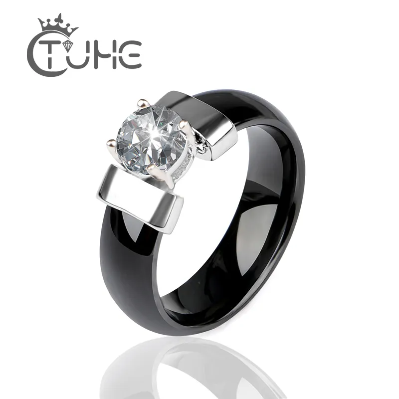 Novo anel de casamento cerâmico preto 6mm largura branca bling mais zircônia cúbica para mulheres delicadas cabochão liso anéis de noivado homens