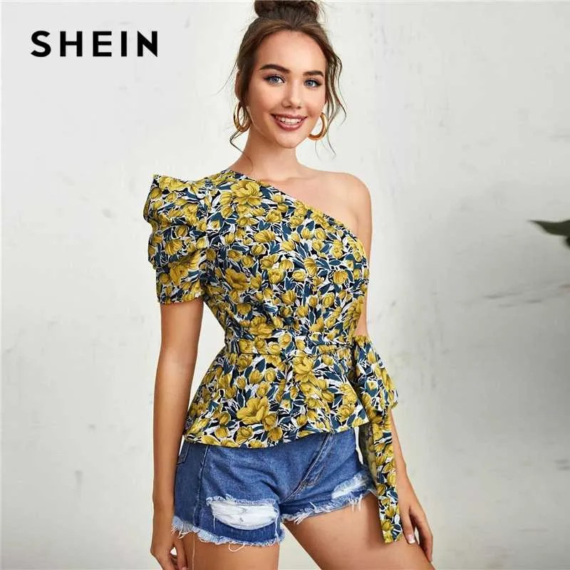 SHEIN Multicolor One Shoulder Puff Sleeve Belted Floral Top Peplum Blouse Women 2020 Summer Ladies Boho Tops and Blouses