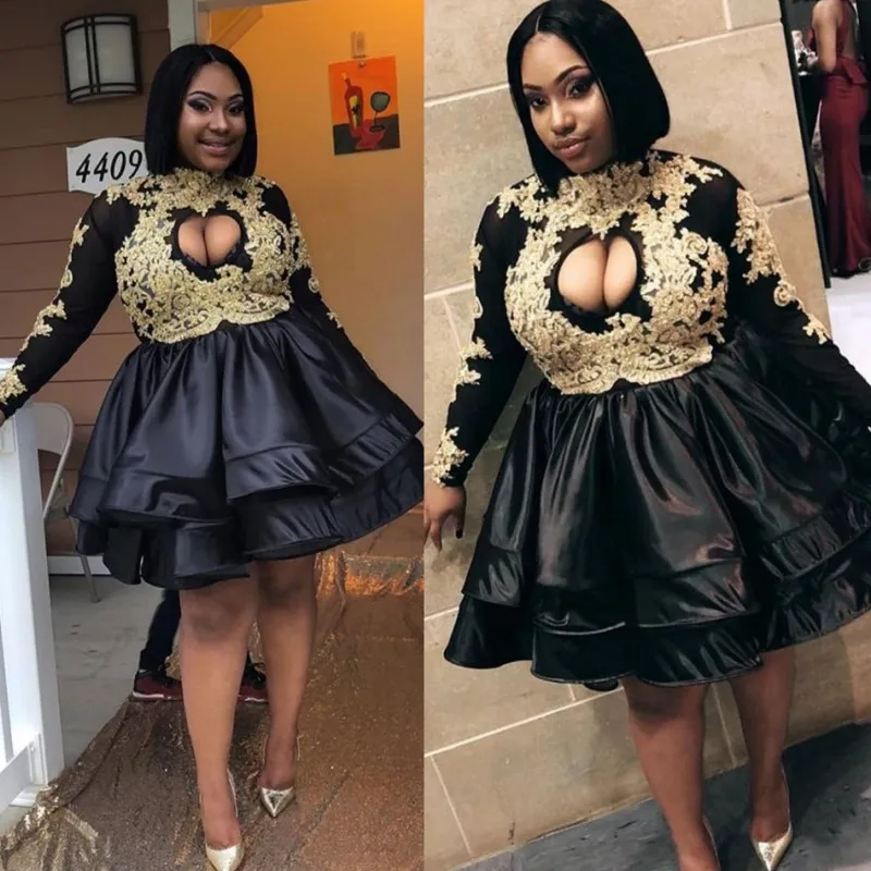 South African Short Prom Dresses Black Long Sleeves Gold Lace Appliques Sexy Evening Gowns Plus Size Knee Length Cocktail Party Dress