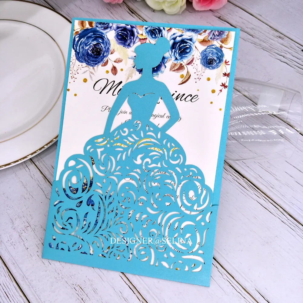 Sapphire Laser Cut Pocket Princess Wedding Zaproszenia 20 + Kolorowe Zaproszenie do druku dla Quinceanera Sweet Sixteen XV Przyjęcie urodzinowe zaprasza