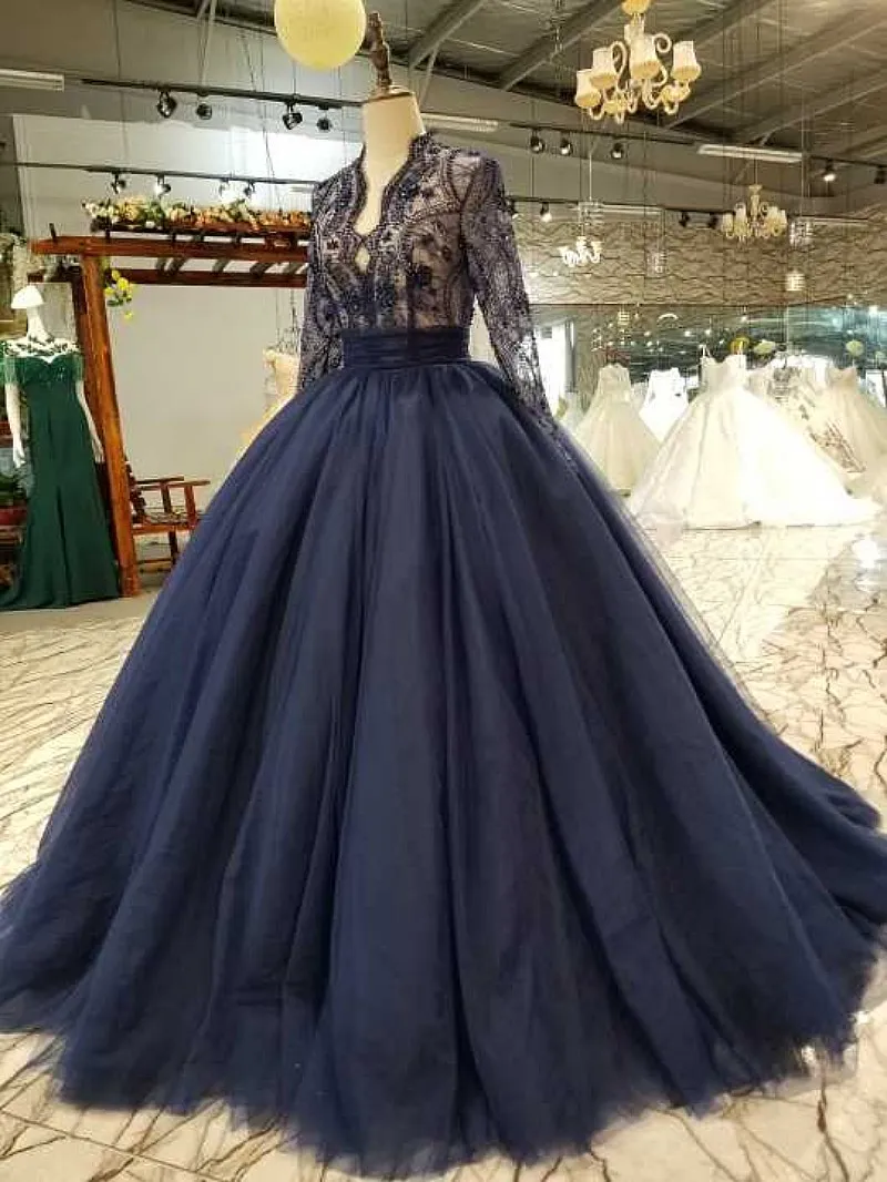 Vintage marineblaue Spitzen-Abschlussballkleider mit V-Ausschnitt, glitzerndes, formelles Partykleid mit langen Ärmeln, Tüll-Ballkleider, lange Ballkleider