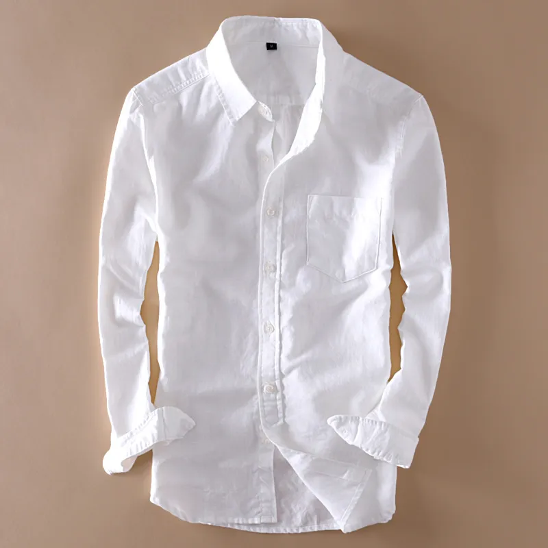 Elegant Mens Long Sleeve Linen Shirt Slim Fit Turn-down Collar Soft Loose Thin Clothes Classic White Shirts Beach Clothing