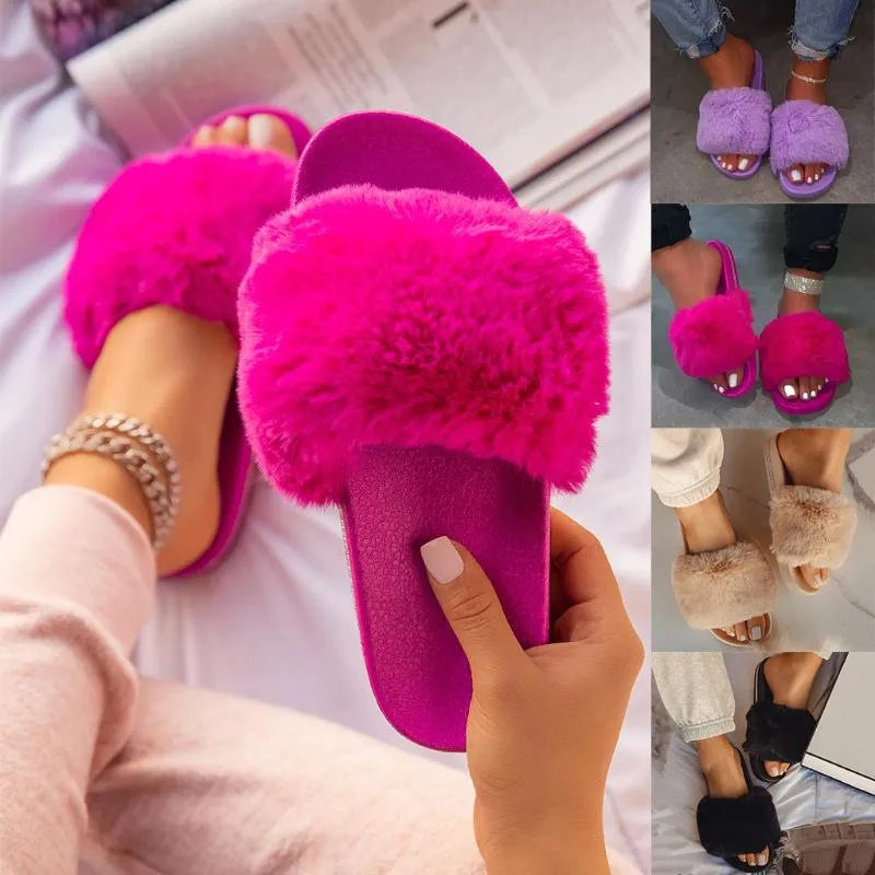 Women Shoes Fluffy Slippers Real Fur Slides Indoor Flip Flops Casual Shoes Woman Raccoon Fur Sandals Plush Feminina 4.16