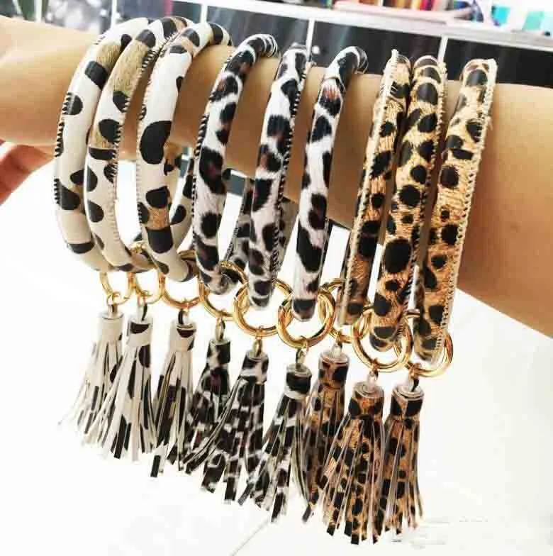 Leather Wrap Bracelet Key Ring Personalized Leopard Print Tassel Leather Bracelets O Key Ring Circle Bracelet Wristlet Key