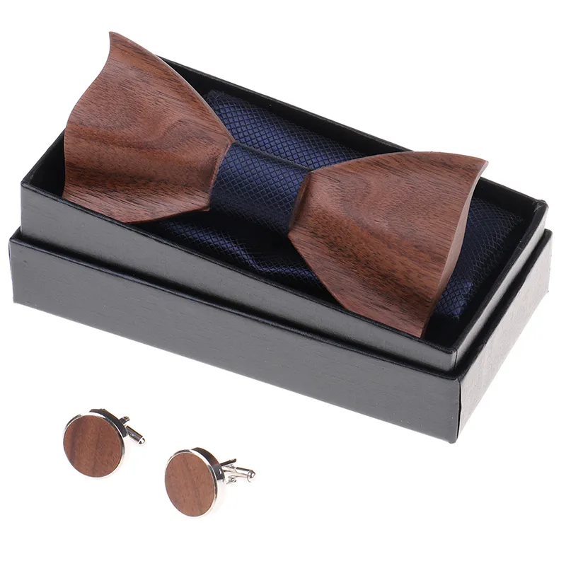 1set drewniany krawat kieszonkowy kwadratowy mankiet drewniany muszka Men Akcesoria moda ślubna drewniana krawat z muszką set 3026113246R