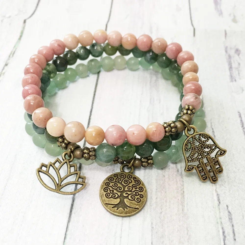 MG0482 6 mm Rhodonite Hamsa Charm Bracelet High Grade 6 mm Moss Agates Energy Bracelet Natural Green Aventurine Women`s Jewelry