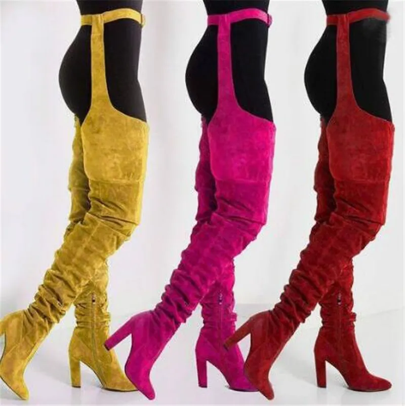 Kvinnor Sexig Fashion Pointed Toe Suede Läder Midja Långa Chunky Heel Boots Spänne över lår tjocka högklackade stövlar festskor