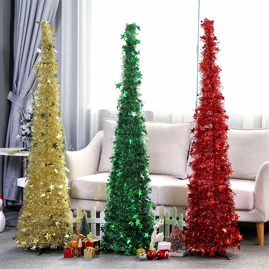 Retractable Christmas Tree Artificial Tinsel Pop-Up Xmas Tree for Small Spaces Home Party Holiday Christmas Decorations JK1910