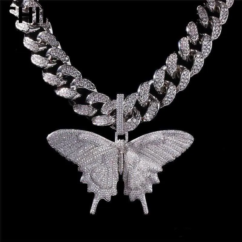 Iced Out Animal Big Butterfly Pendant Necklace Silver Blue Plated Mens Hip Hop Bling Jewelry Gift GB1579