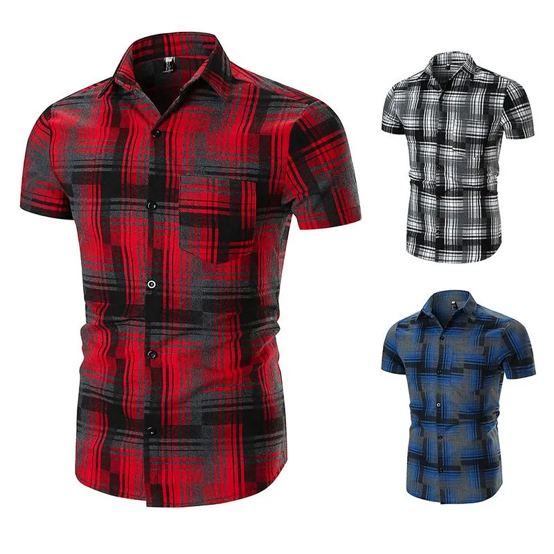 Camisas dos homens camisas listra xadrez de manga curta camisa homens design de bolso de moda casual tamanho grande M-2XL