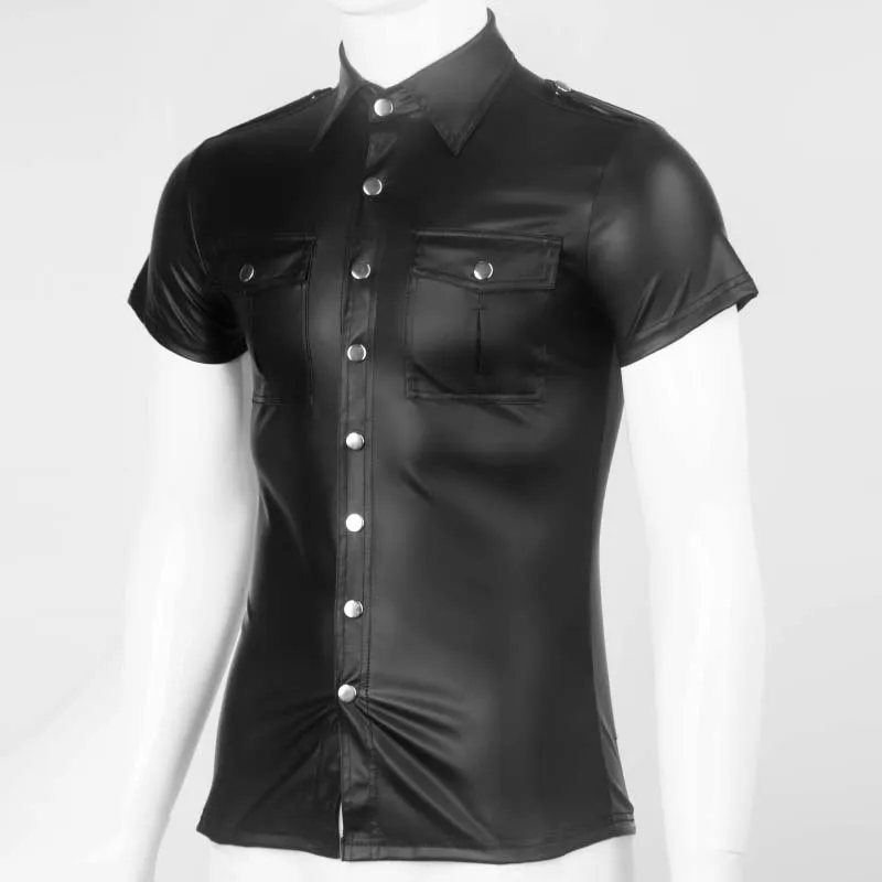 Sexy Noir Faux Cuir Hommes Chemise Wet Look Stretch Maillot Latex Gay Nouveauté À Manches Courtes Uniforme Clubwear Mâle Scène Discothèque Costume