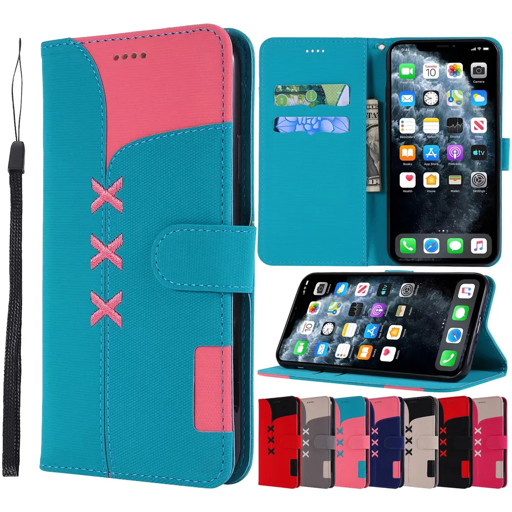 Kreatywne szwy Kolorowe Canvase Tekstura Wallet Telefon Case dla iPhone 11 Pro X XR XS Max i Samsung Note 10 Pro S8 S9 S10 Plus