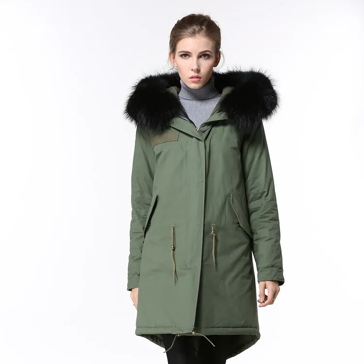 2019 cappotti da neve da donna in vendita rivestimento in pelliccia di procione nero rivestimento in piumino verde militare fodera in tela verde militare lungo parka