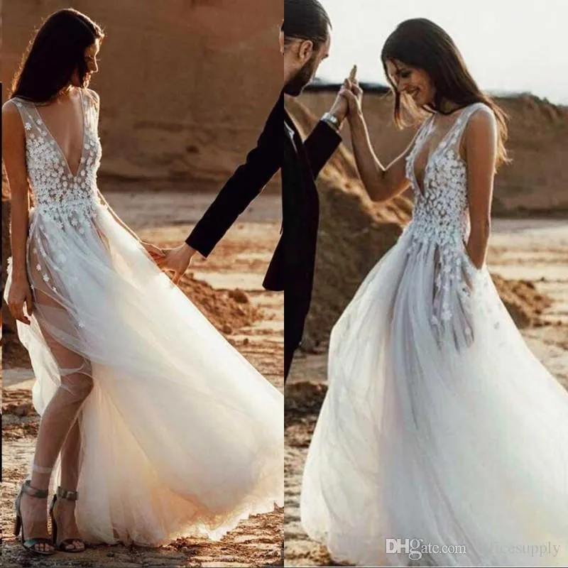 Sexy Romantic Beach Bohemian A-Line Wedding Dresses Cheap Sleevesless Deep V Neck Layered Train Zipper Back Bridal Gowns Custom Made