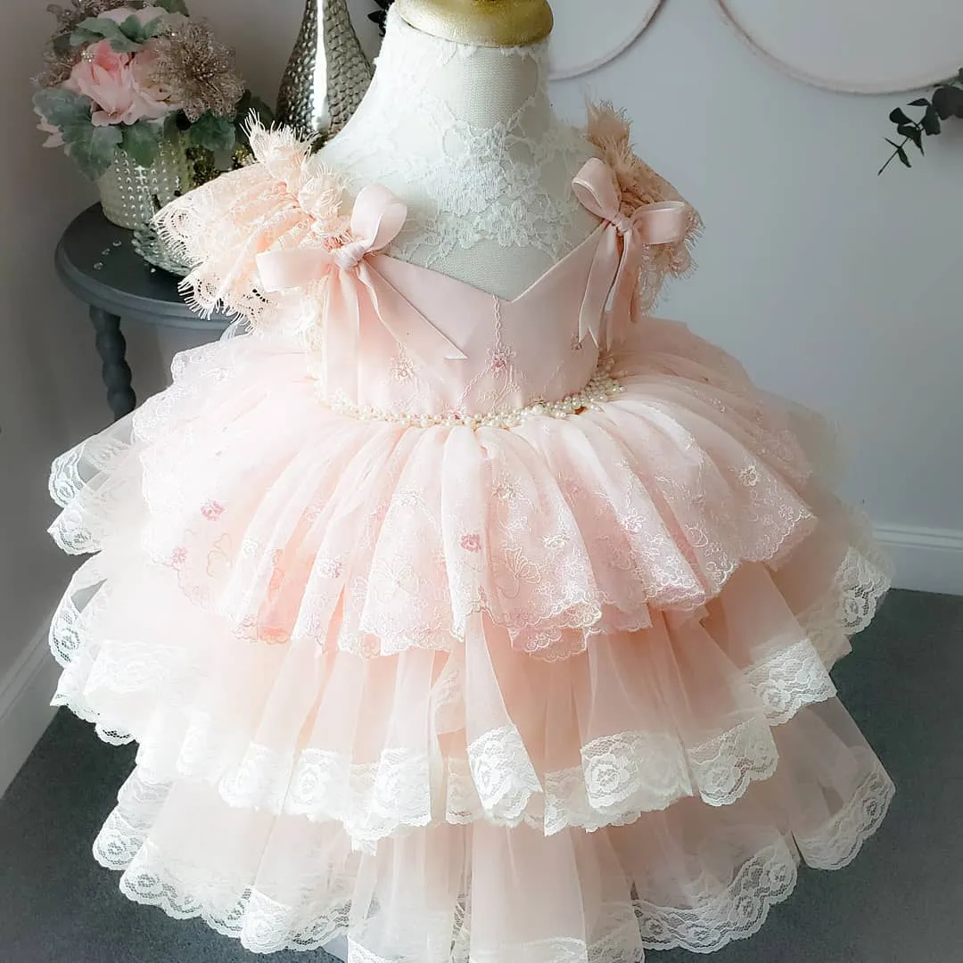 Robe de demoiselle d'honneur rose 2019 petite robe de bal volants couches en dentelle à plusieurs niveaux enfants fête d'anniversaire de mariage vacances robes d'événement formelles pour tout-petit