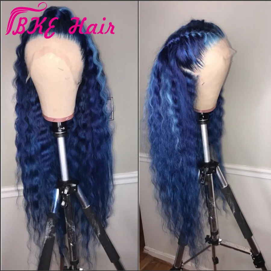 Fashion Deep Wave Spets Front Synthetic Celebrity Style 360 ​​Spets Frontal Long Blue Wig For Black Women Prepluched Natural Hairline