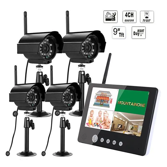 SY903E14 9 "DIGITALE 2.4G IR NACHT VISION 4 Draadloze camera's Audio Video Monitoren 4CH DVR KIT Home Security System (US Plug) - Zwart