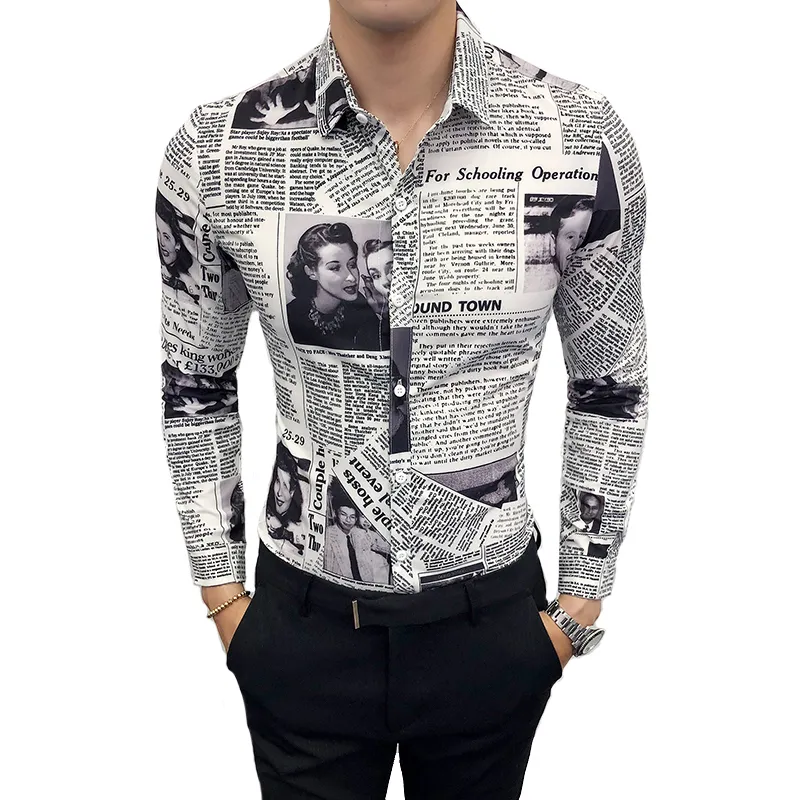 Tidningsutskriftskjorta 2019 Mode Designer 3D Pattern Shirt Stora SLIM Sociala Mäns Långärmad M-5XL